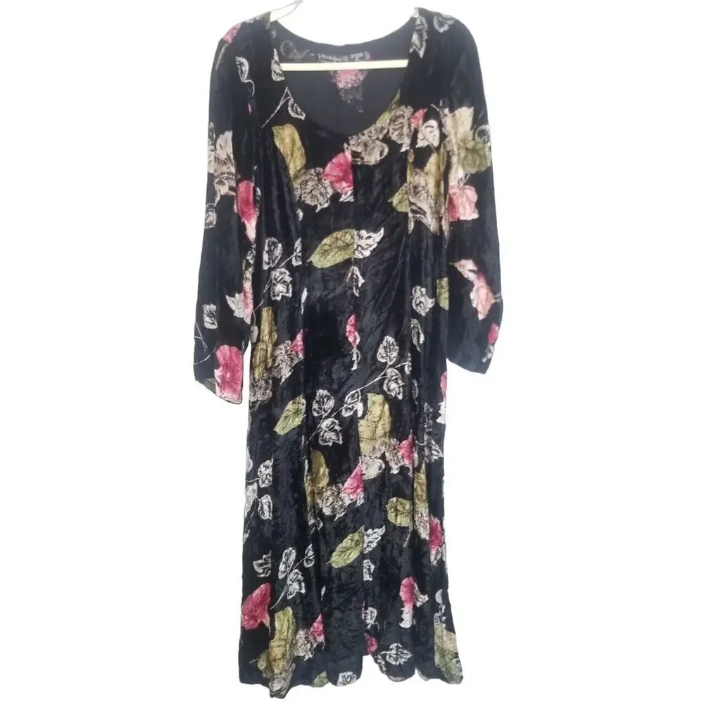 Vintage Nostalgia Womens Floral Velvet Maxi Dress Sz S Dark Romantic Cottagecore